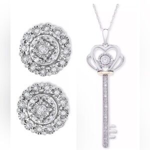 R H Macy 925 sterling 10k gold, diamond heart key pendant & diamond earrings set